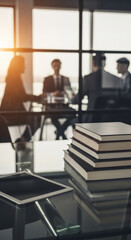 Stack of books and tablet on glass table, blurred business meeting background, showcasing concept of knowledge, business, and technology