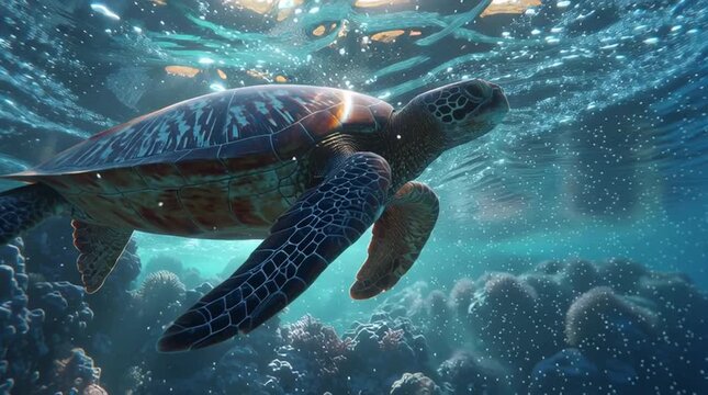 Hyperrealistic underwater scene with graceful sea turtle over coral reef, serene magical light