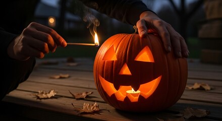 Carved pumpkin being lit with match, Halloween night, festive season, autumn mood, joyful vibe