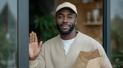 Couriers delivering groceries while knocking softly on the door