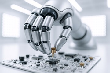 A robot is holding a small electronic device in its hand and is attaching it to a circuit board. The robot is made of metal and has a human-like appearance. Concept of technology and innovation