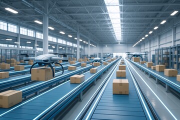 Obraz premium A warehouse with a conveyor belt and a drone flying above it