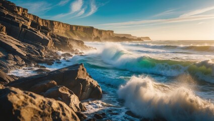 Obraz premium Seaside landscape with cliffs and crashing waves during sunset. Coastal scenery and ocean view. Nature and marine environment. The scene of rocky coastline and ocean waves.