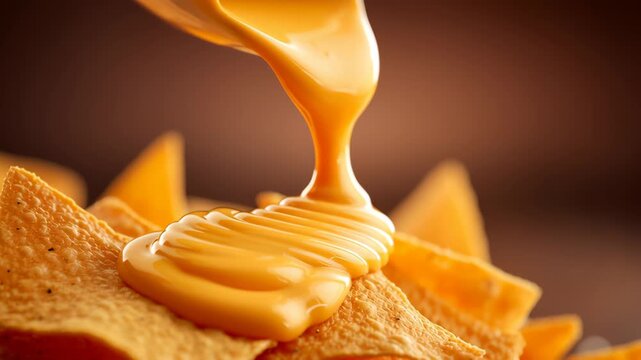 Ultra creamy cheese sauce poured over crispy nacho chips creates delicious process food snack with rich golden color, smooth texture, and savory