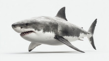 A detailed digital rendering of a great white shark, swimming against a stark white background, showcasing its powerful physique and sharp teeth