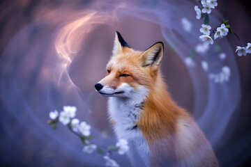 Fototapeta premium Red fox in a magical forest with glowing light and flowers