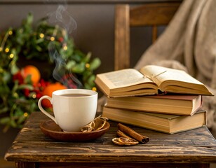 Cozy autumn scene with tea and books