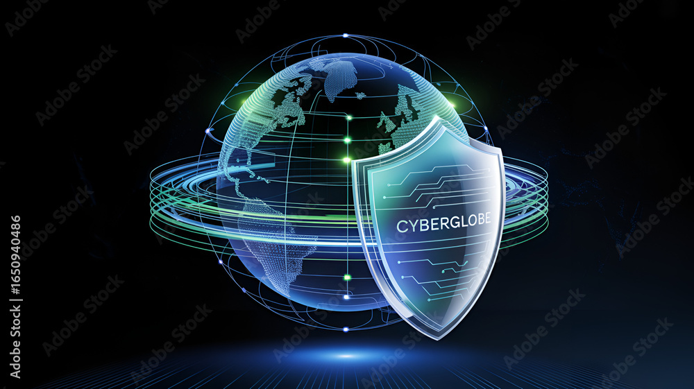 Poster cybersecurity shield protecting the globe, representing global network security