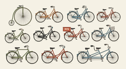 Obraz premium Collection of vintage bicycles showcasing different models and designs in an array of colors and styles