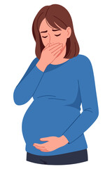 Pregnant Woman Feeling Nauseous Morning Sickness with Hand Covering Mouth in Blue Sweater