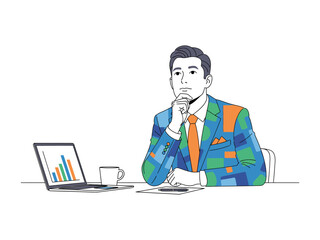 Business Analyst's Contemplation: A stylish business analyst deep in thought, seated at his desk alongside a laptop displaying financial data, pencil in hand.