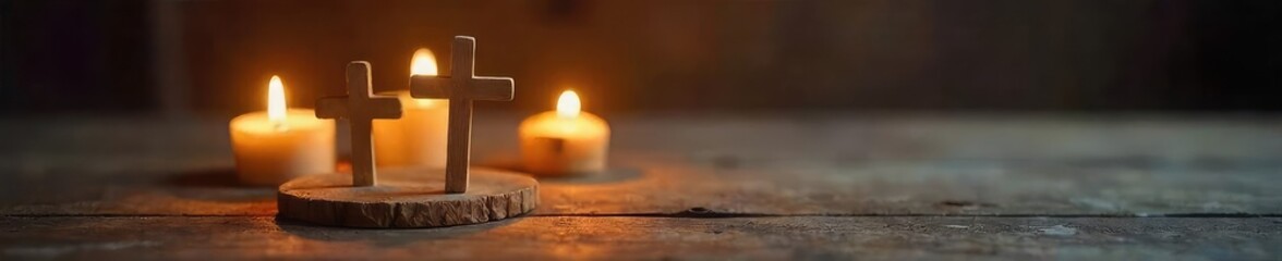 Close-up of a simple wooden cross on a rustic table, surrounded by flickering candlelight, conveying peace and reflection Ideal for themes of faith, hope, and remembrance , autumn, glow, still life