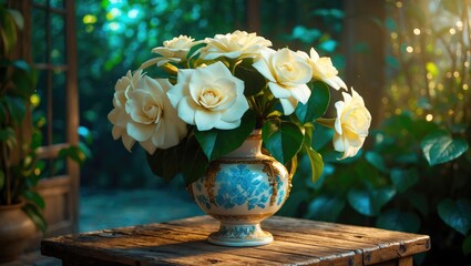 A vase with white roses on a wooden table in a green garden setting with sunlight filtering through.