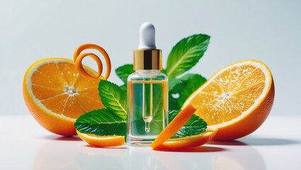 Juice or extract with orange and green leaves, possibly a skincare or cosmetic product.
