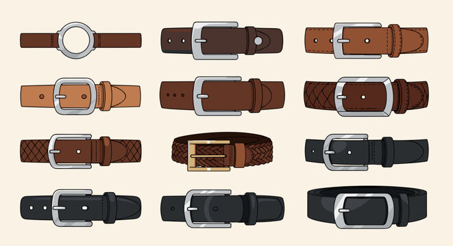 Collection of twelve different leather belts with varying buckles and designs in a grid format