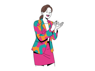 Applauding the Bright Idea: A cheerful woman in vibrant colors, symbolizing recognition, celebrates with an enthusiastic clap, a testament to ingenuity.