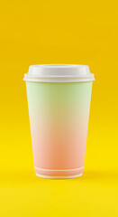 A white disposable paper cup with a white lid subtly transitioning from green to pink sits against a vibrant textured yellow background