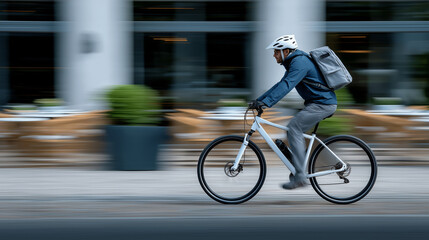A bike courier passing by a café at high speed