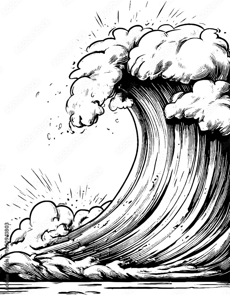 Poster dynamic wave pattern with clouds in engraved style for retro design projects
