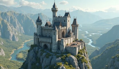 A castle perched atop a rocky cliff overlooking a valley with mountains and a winding river below it