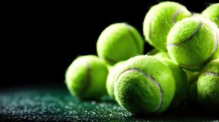 A collection of bright green tennis balls gathered together on a dark surface, showcasing their texture and vibrant color against a contrasting backdrop.