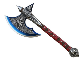 Ornately Carved Battle Axe with Intricate Designs and Red Leather Handle for Combat or Display
