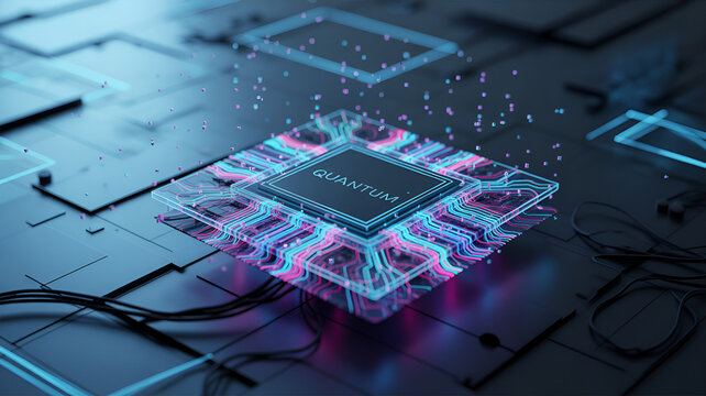 Closeup of a quantum computer chip with glowing blue and pink lights