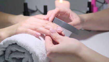 A close-up of a person receiving a manicure, with their nails being filed. Ideal for beauty, spa, and self-care promotions