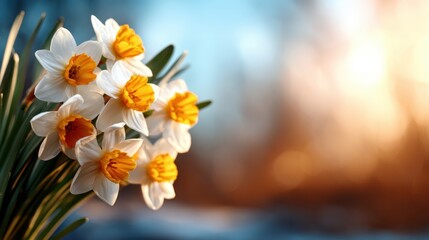 A stunning bouquet of daffodils showcasing their vibrant yellow centers and pristine white petals, set against a blurred background of warm colors in natural sunlight.