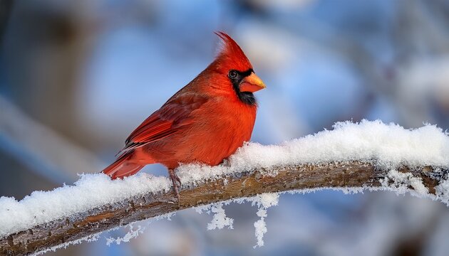 a vibrant cardinal perched on a snowy branch