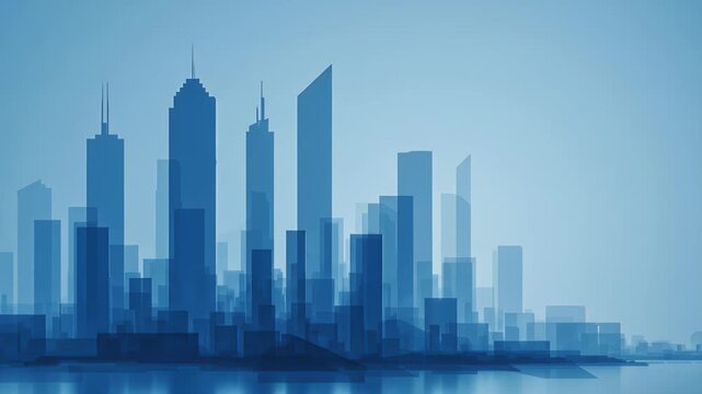 Abstract Blue Cityscape Silhouette with Modern Skyscrapers in Urban Setting on a Reflective Surface and Geometric Design - Powered by Adobe