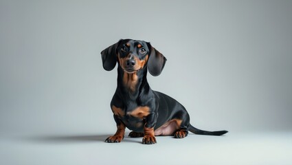 A small Dachshund dog with black and tan fur sitting on a plain light background.