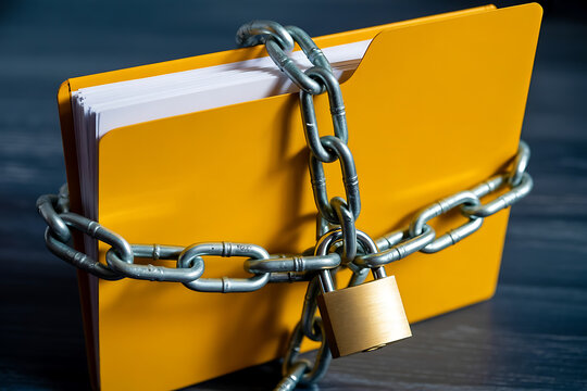 Yellow folder secured with a metal chain and padlock