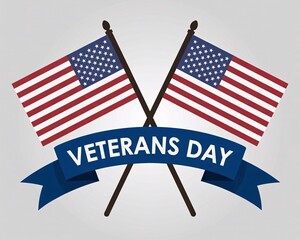 Photo of two american flags crossed with a blue ribbon banner displaying the text veterans day against a light grey background, symbolizing national pride and gratitude for military service members