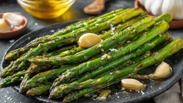 Grilled Asparagus with Garlic and Olive Oil: Savor the simplicity of grilled asparagus, artfully arranged on a plate, with fragrant garlic cloves, drizzled with golden olive oil, a culinary delight.