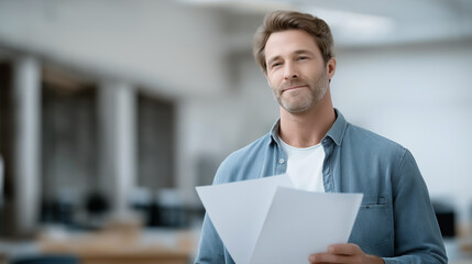 Teacher walking among desks holding test papers with a neutral expression