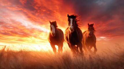 Three stunning horses gallop across an open field during a breathtaking sunset, illuminating the scene with fiery colors and capturing the essence of freedom and beauty.
