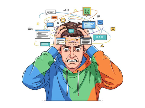 Overflowing Code: A stressed individual grapples with a swirl of coding elements. The illustration captures the mental strain of digital tasks, showcasing the challenge of complex IT projects.