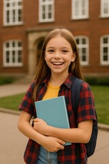 Fototapeta premium Happy Schoolgirl with Backpack and Book