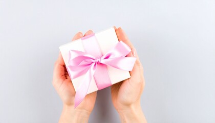 A close-up of delicate hands gently holding a small white gift box with a soft pink ribbon. Perfect for advertising gifts, love, and special occasions