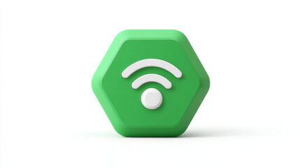 Hexagon Sign, A minimalist 3D green hexagonal sign with a simple, white Wi-Fi symbol in the center. Isolated on a clean white background. 