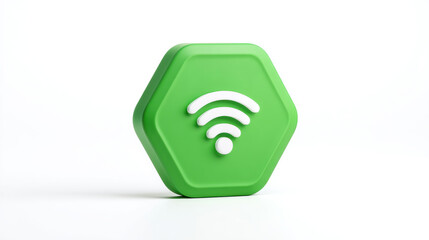 Hexagon Sign, A minimalist 3D green hexagonal sign with a simple, white Wi-Fi symbol in the center. Isolated on a clean white background. 
