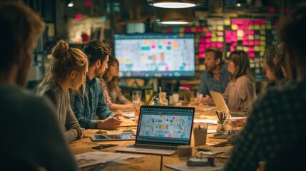 Brainstorming Session: A group of professionals collaborates around a large wooden table, with digital displays and brainstorming notes providing inspiration. Evoking innovation and synergy.