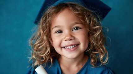 A joyful young girl wearing a graduation cap and gown, proudly holding her diploma, radiating happiness and accomplishment against a vibrant blue background, marking a special achievement.