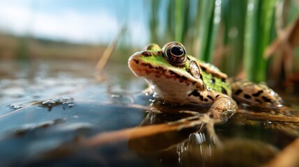 Fototapeta premium A vibrant close-up of a colorful frog sitting in its natural habitat, showcasing the intricate details of its skin and surroundings, reflecting the beauty of wildlife and nature.