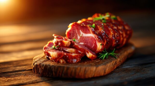 A deliciously presented smoked meat on a rustic wooden surface, exceeding culinary artistry while highlighting the rich textures and colors, perfect for food lovers.