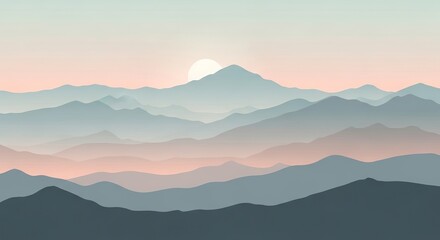 Serene landscape of layered mountains at sunrise, showcasing soft pastel colors and a tranquil atmosphere.