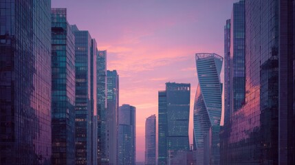 Obraz na płótnie Canvas Cityscape at dawn, skyscrapers, pink sky, business district