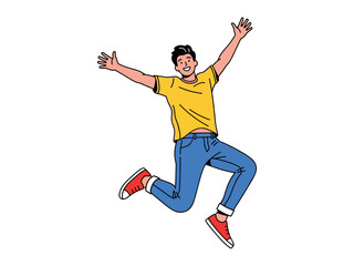 Fototapeta premium Joyful Leap: An illustrated depiction of a young man radiating energy and exuberance as he leaps in the air, arms outstretched, a vivid portrayal of unbridled joy.