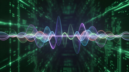 Abstract representation of sound wave with digital green matrix background